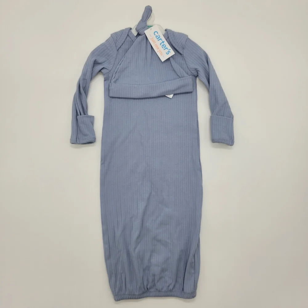 Carter's Just One You Blue Baby Gown Hat Set Rib Knit Cotton Blend Size 3mo NEW